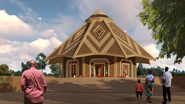 An illustrative rendering of the House of Worship is simple yet striking in form, inspired by the huts traditional to Matunda Soy.