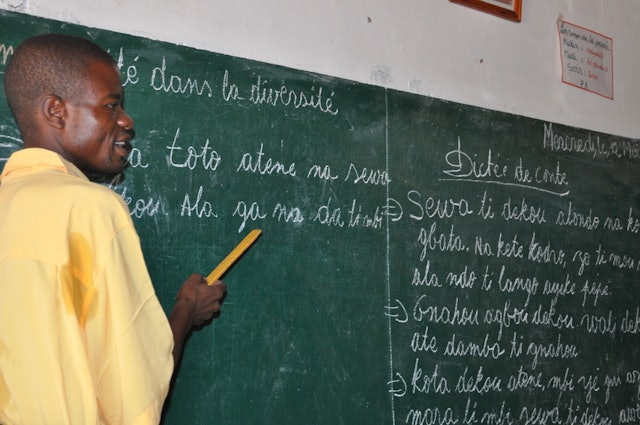 A teacher conducts a lesson at a community school in Bangui.