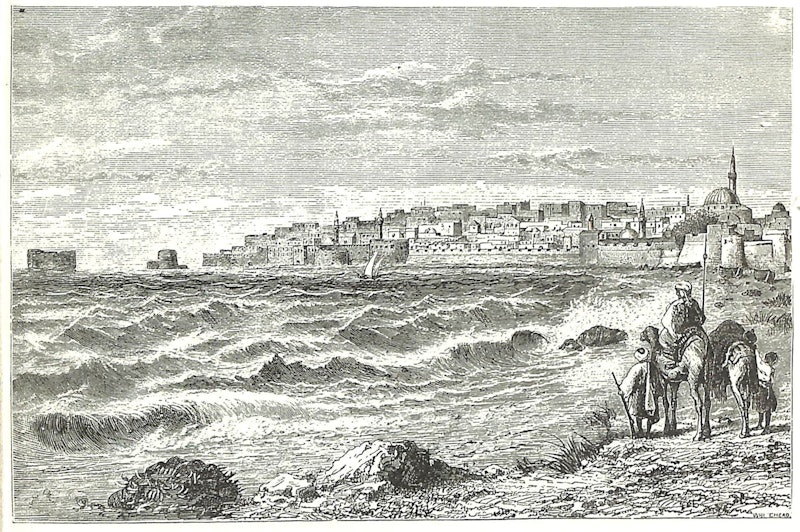 This drawing from a book published in the 1880s depicts Akka from a beach to the cityâs west. The sea gate is near the left edge of the sea wall. (Source: W.M. Thompson, The Land and the Book)