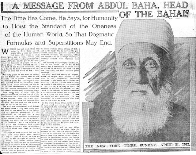 An article in The New York Times on 21 April 1912 describes the talks âAbduâl-Baha gave while visiting the city.